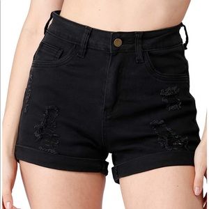Black Distressed High-Waisted Shorts